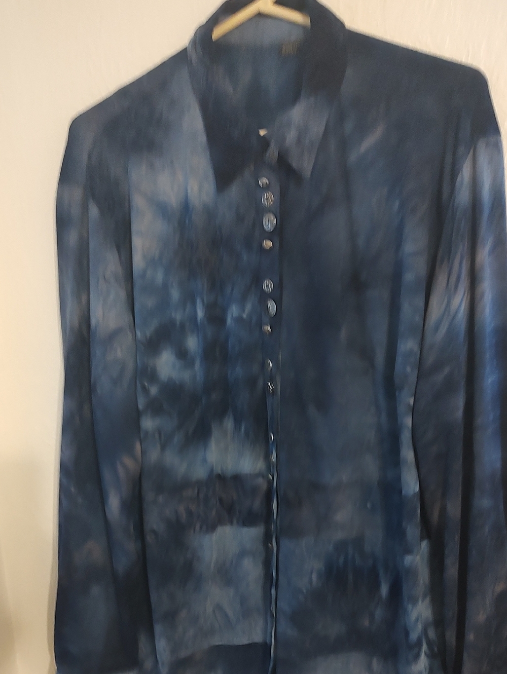 Button-Front Tie-Dye Long Sleeve Shirt - Navy Blue